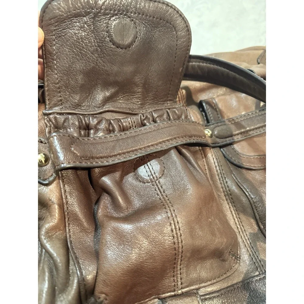 Junior Drake Megan large satchel Purse Bag Brown Leather front utility pockets